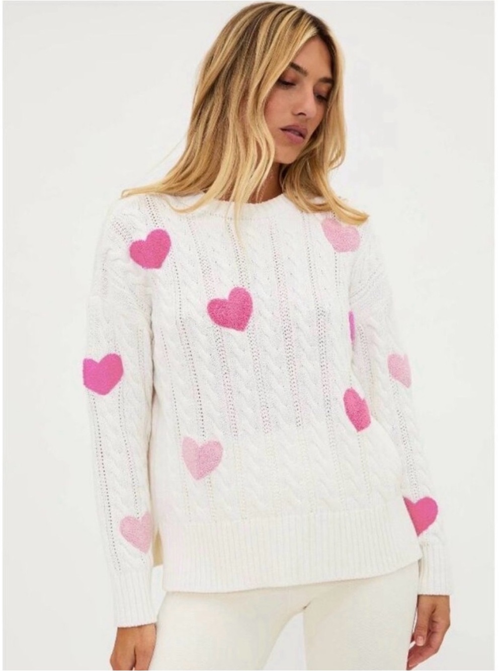 Beach Riot Cream Knit Sweater with Pink Heart Appliqués
